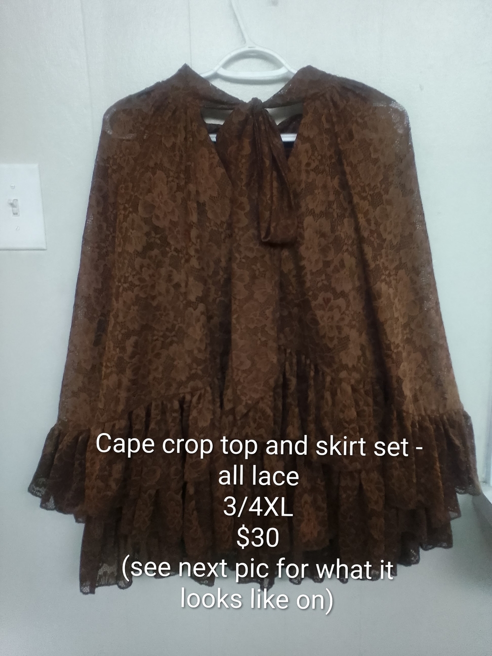 NWOT Brown Lace Capelet with Ruffle Hem And Skirt Set